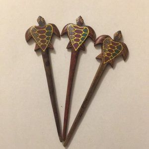 Set of 3 Hand Painted Turtle Hair Sticks